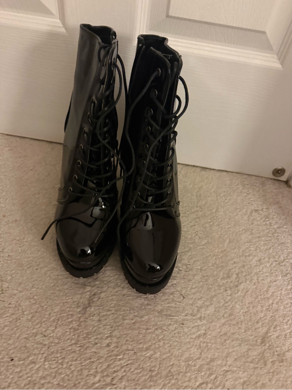Lace-Up Patent Combat Boots - Black